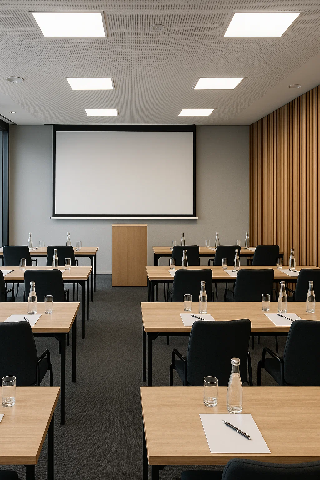 Mødelokale opstillet til præsentation med projektorlærred, podium og borde dækket med vandflasker, glas, papir og kuglepenne – klar til deltagere.